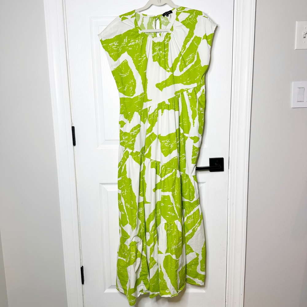 1.STATE Maxi Dress Women XS Lime Green Tiered Abstract‎ Cotton Blend